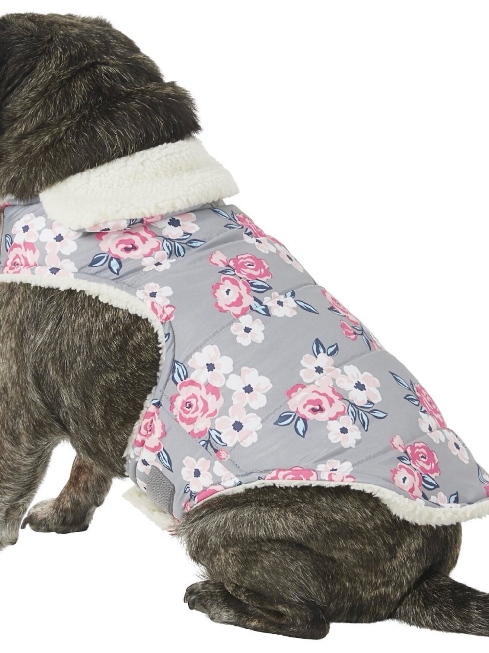 Floral Sherpa-Lined Gray & Pink Dog Coat